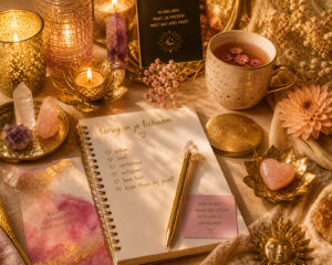 zelfzorg en balans moment met journal, kristallen, kaarslicht en gouden details in warme roze en beige tinten